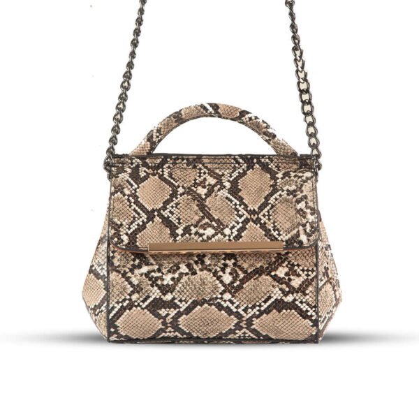 VENOM Shoulder bag premium snake skin material With Charming silver Chain crafted in an elegant brown and beige color combination. Now available in Pakistan.