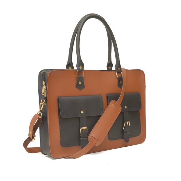 Brown and black VINTAGE LAPTOP BAG with buckle pockets, sturdy handles, and an adjustable strap for professionals in Pakistan.