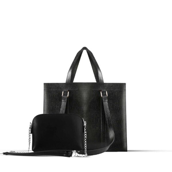 Zara 2-piece tote bag set in sleek black, featuring a premium leather classic finish and an adjustable strap. Available in Pakistan.