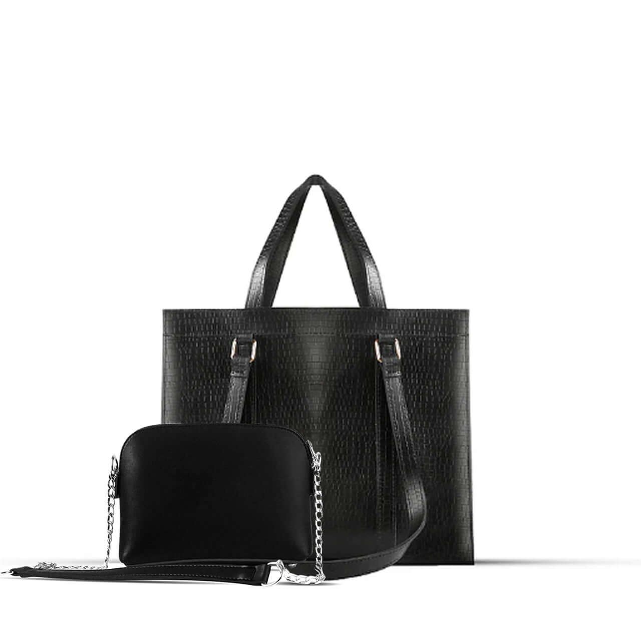 Zara 2-piece tote bag set in sleek black, featuring a premium leather classic finish and an adjustable strap. Available in Pakistan.