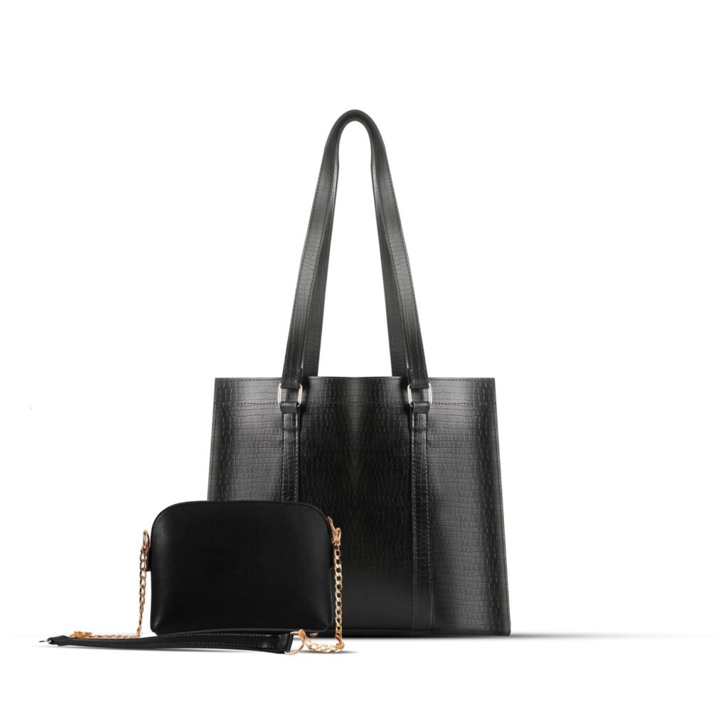Zara 2-piece tote bag set in sleek black, featuring a premium leather classic finish and an adjustable strap. Available in Pakistan.