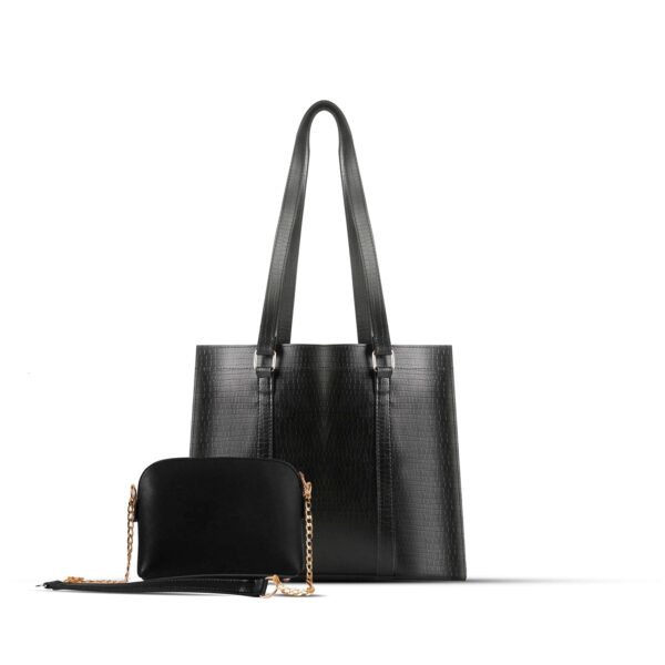Zara 2-piece tote bag set in sleek black, featuring a premium leather classic finish and an adjustable strap. Available in Pakistan.