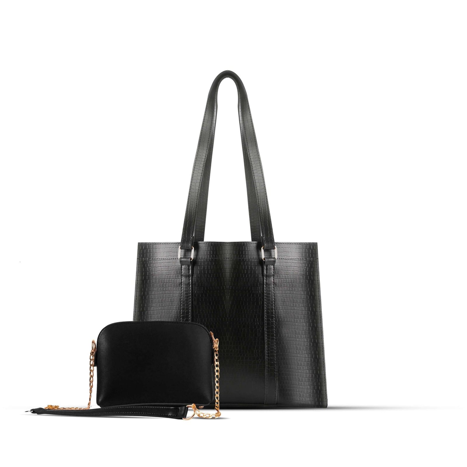 Zara 2-piece tote bag set in sleek black, featuring a premium leather classic finish and an adjustable strap. Available in Pakistan.