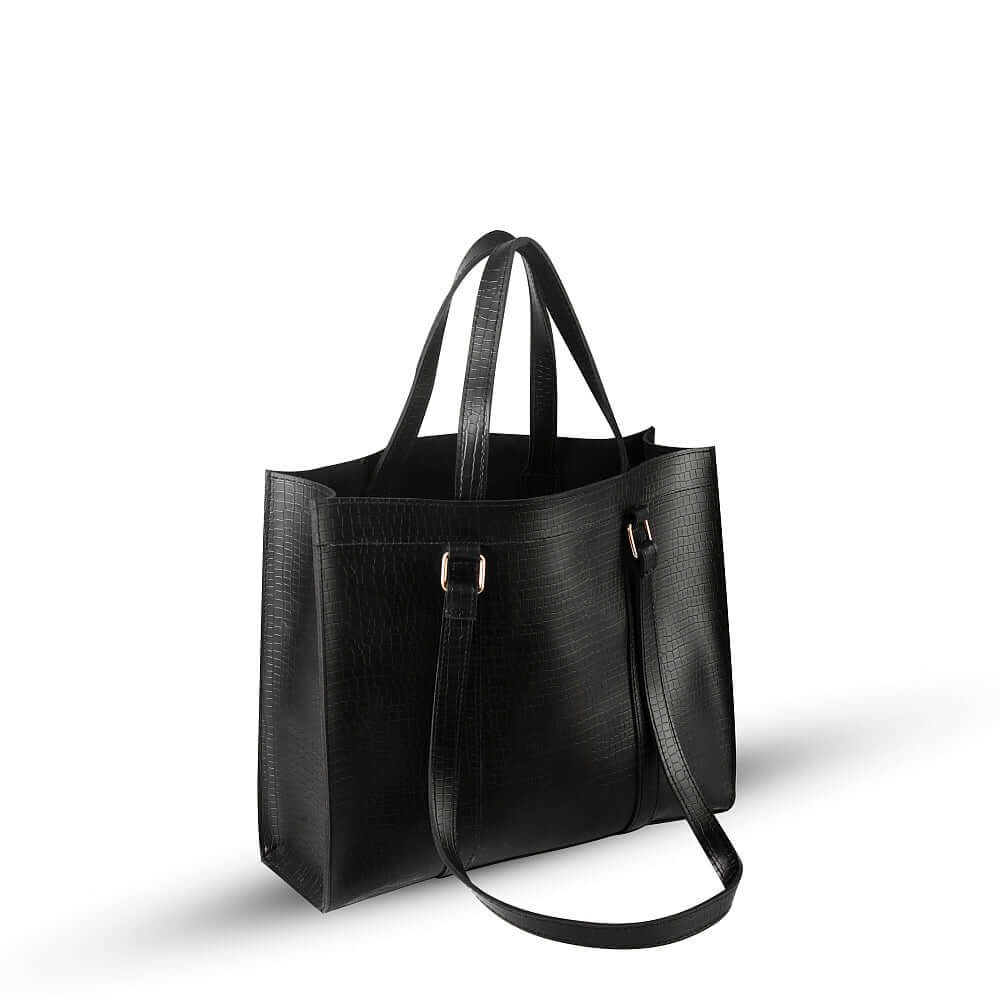 Zara 2-piece tote bag set in sleek black, featuring a premium leather classic finish and an adjustable strap. Available in Pakistan.